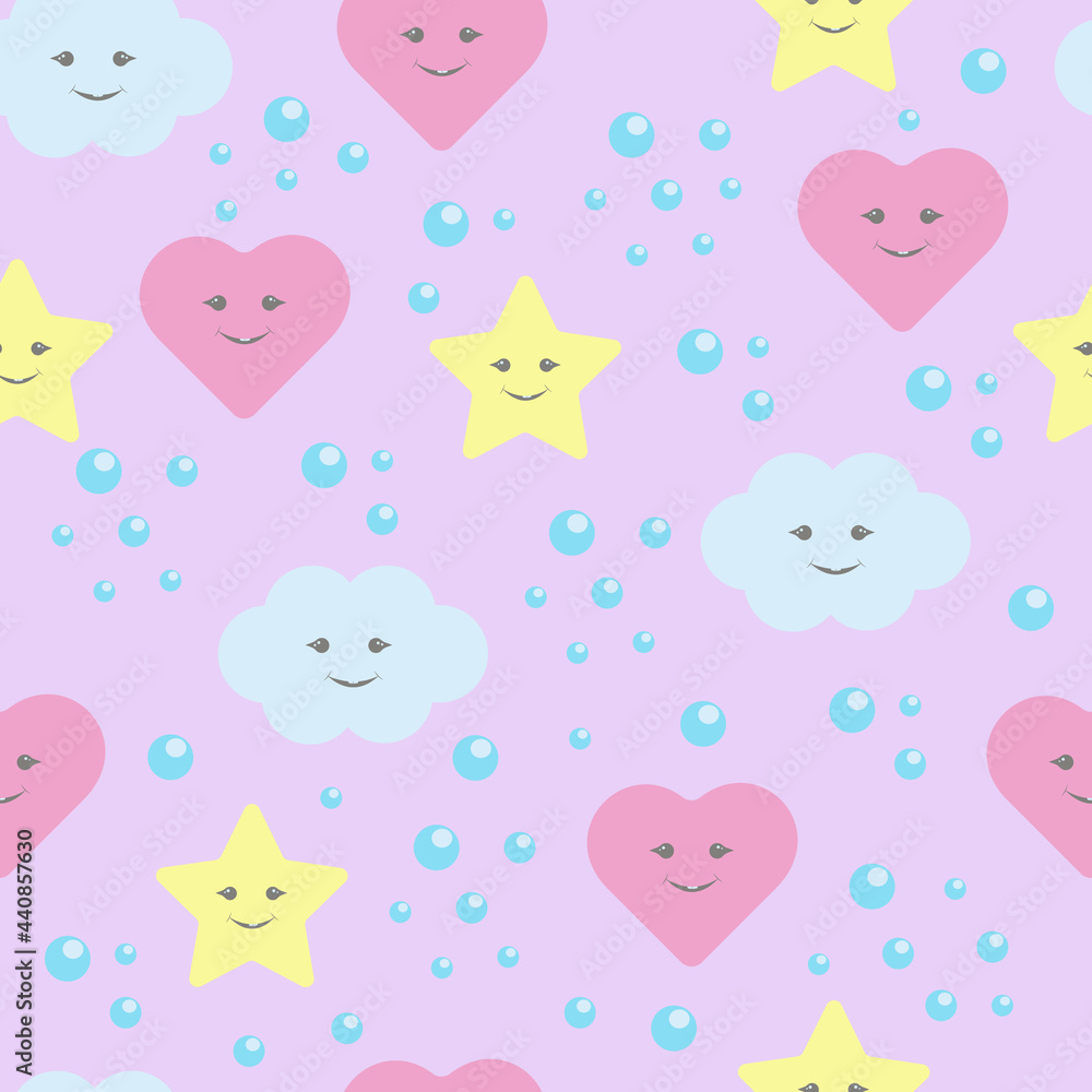 Childish seamless pattern with cute cartoon stars, clouds. For children's textiles and other prints.