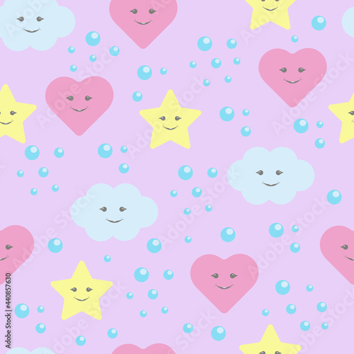 Childish seamless pattern with cute cartoon stars, clouds. For children's textiles and other prints.
