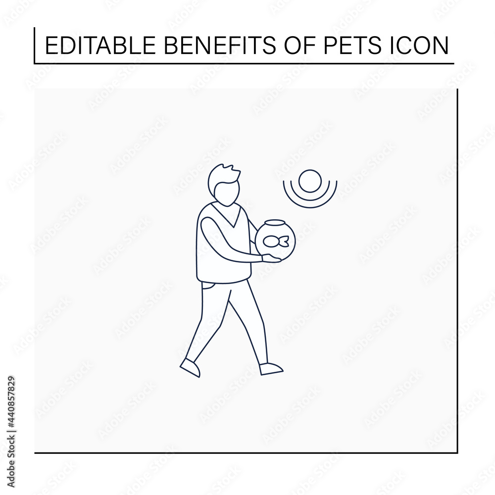 Pets benefits line icon.Man have fish in aquarium. Reduce stress level. Companionship. Animal caring concept. Isolated vector illustration.Editable stroke