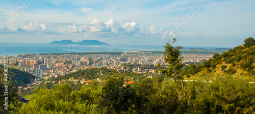 VLORA, ALBANIA: Aerial city view, city panorama of Vlore on and Sazani Island a sunny day photo