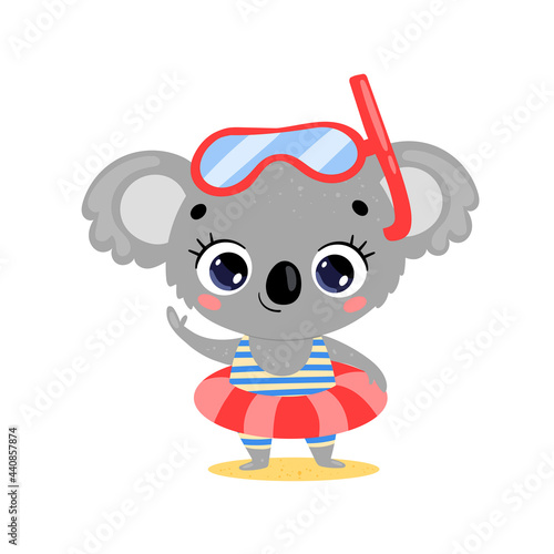 Vector flat illustration of cute cartoon summer koala with swimming ring and diving mask. Summer tropical animals on the beach