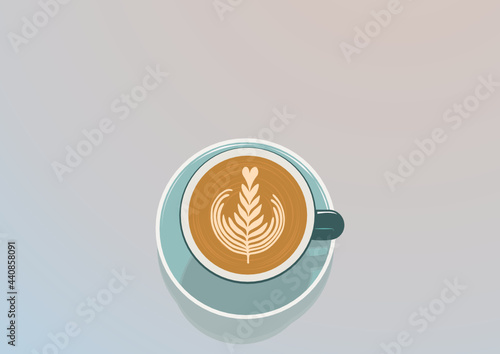 Filiżanka aromatycznej pysznej kawy. Cappuccino albo latte z dużą ilością mleka i wzorkiem na piance. Tło dla kawiarni lub restauracji. Szablon ulotki lub menu. Rzut z góry z miejscem na Twój tekst.