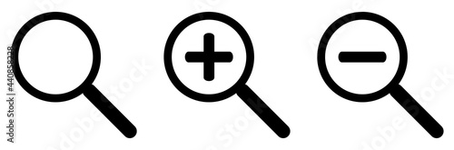 Magnifying glass icon set. Search symbol. Zoom in and zoom out sign. Magnifier vector illustration isolated on white background.