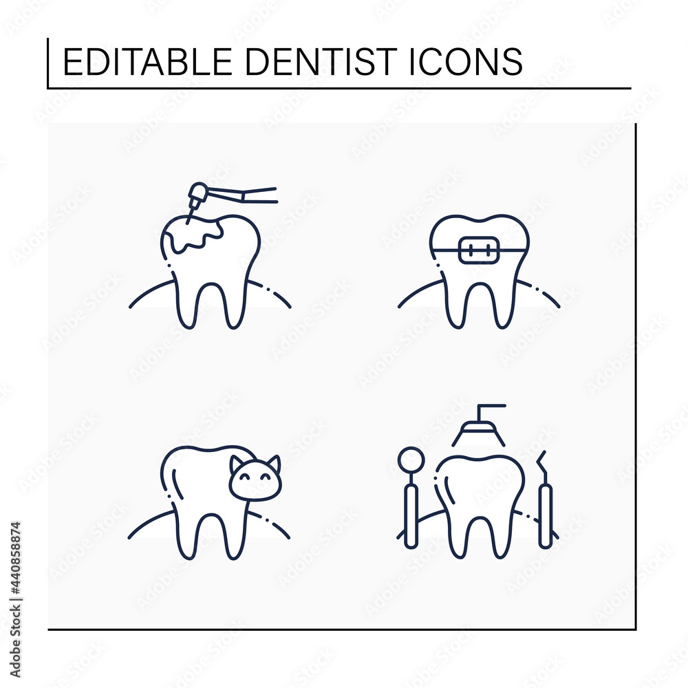 Dentist line icons set. Orthodontics, caries treatment, veterinary dentistry, dental appliances. Healthcare concept. Isolated vector illustration. Editable stroke