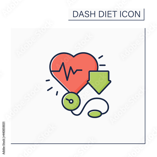 Reducing blood pressure color icon. Pressure measurement using stethoscope. Low heartbeats. Dash diet concept. Isolated vector illustration