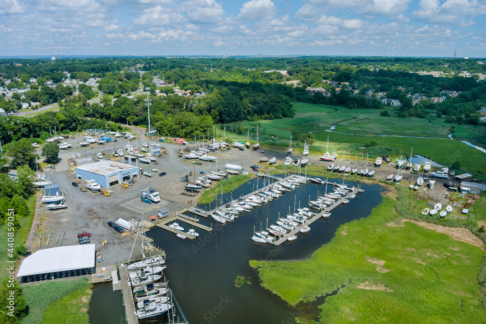 Panorama view the little port dock for boats on ocean marina near small american town