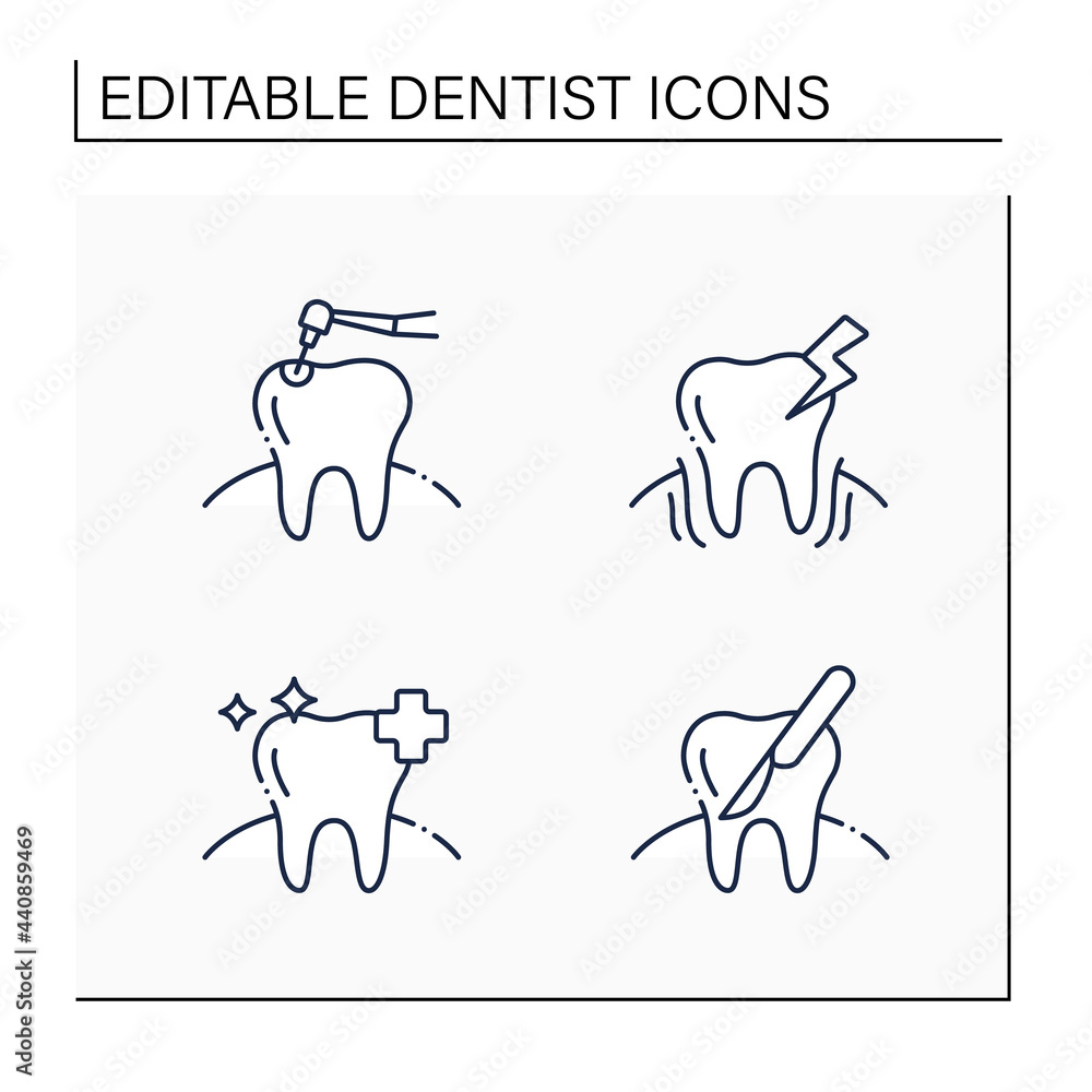 Dentist line icons set. Dental treatment, oral diseases, tooth health and care, surgery. Healthcare concept. Isolated vector illustration. Editable stroke