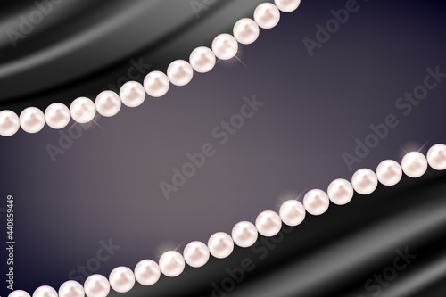 Premium black silk background with pearl necklace. Satin or velvet with frame of shiny pearls for luxury accessories, banner, poster. Vector EPS10