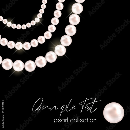 Shiny oyster pearls for luxury accessories. Vector pearl necklace on black background. Chains of pearls forming a round  ornament. Beautiful natural jewelry. Vector illustration EPS10
