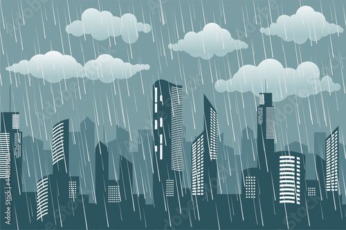 Falling rain drops in modern city building