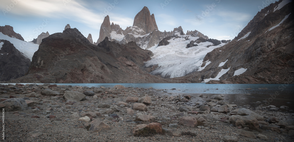 Panoramic view of Mount Fitz Roy and Laguna de los Tres, El Chalten, Patagonia Argentina