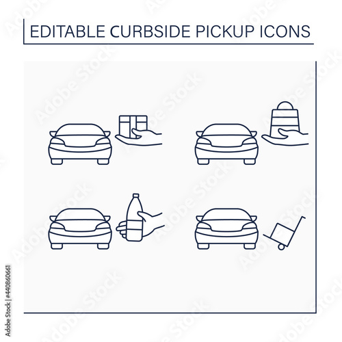 Curbside pickup line icons set. Contactless parcel, cargo obtaining. Courier delivery. Shopping concept. Isolated vector illustrations. Editable stroke