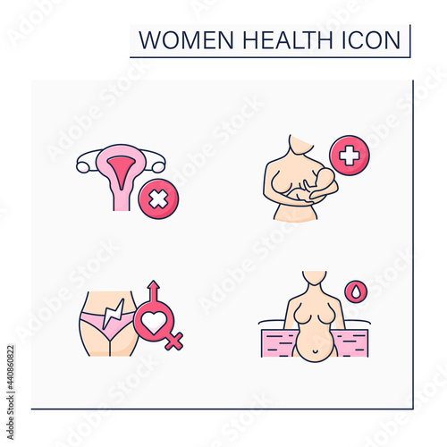 Women health color icons set. Gynecology. Reproductive system diseases. Waterbirth, sexual pain, lactation infertility. Healthcare concept. Isolated vector illustrations