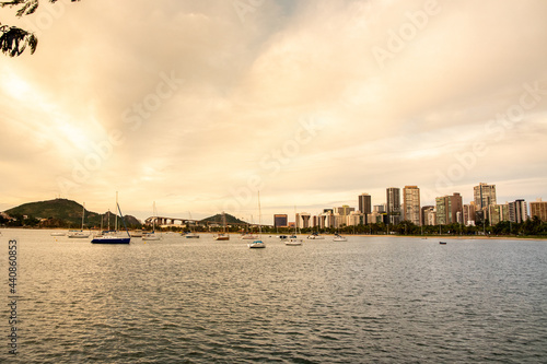 Panoramic photo of the city of Vitoria, capital of Espirito Santo State, Brazil. Boats and buildings. Third bridge and the penha convent in the background. Tourist spots photo