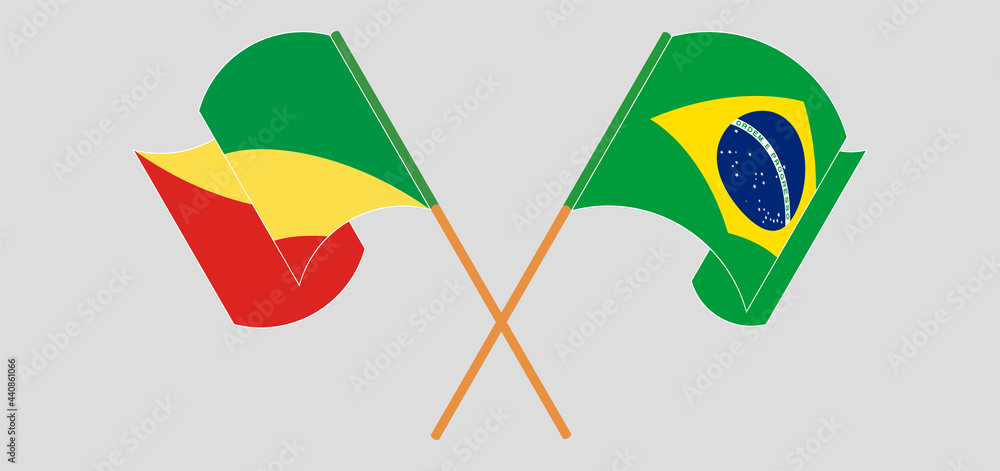 Crossed and waving flags of Republic of the Congo and Brazil Crossed and waving flags of Republic of the Congo and Brazil
