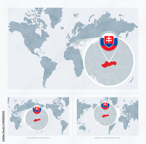 Magnified Slovakia over Map of the World, 3 versions of the World Map with flag and map of Slovakia.