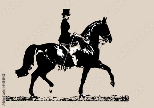 isolated on a light background is a graphic monochrome vintage image of a lady, a young woman in a female saddle riding a black horse photo