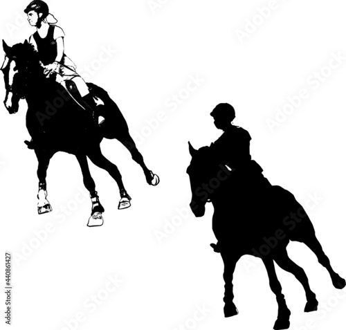 athlete riding a horse at a gallop, show jumping, realistic isolated monochrome image