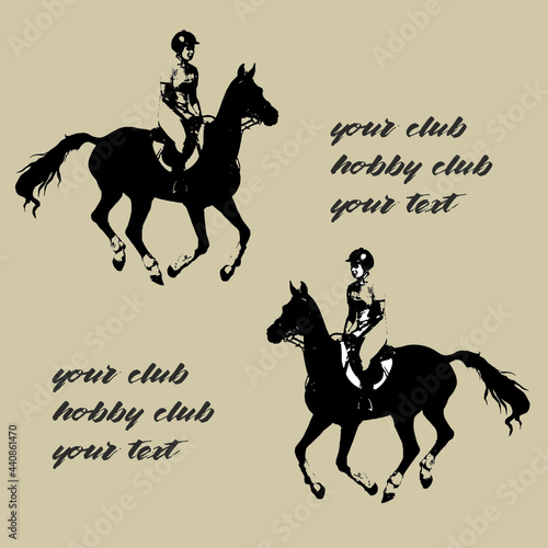 athlete riding a horse gallop, show jumping, set of realistic isolated monochrome images, space for text