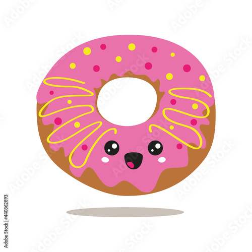 Illustration with vector pink donut on isolated background. Sweet pastries with smile and joy emotion. Cute donut, kawaii style cupcake. Funny food in the form of a sticker.