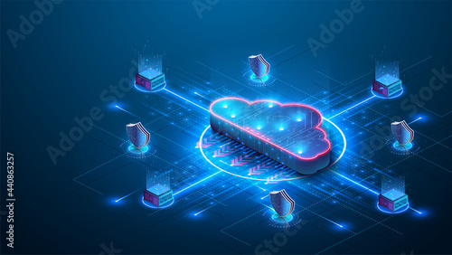 Cloud storage. A digital service or application that transfers data to a server or hosting service. Data transfer protection and data center connection network. Web-based cloud. Vector illustration photo