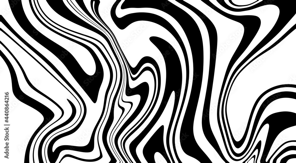 Monochrome marble vector texture. Abstract liquid wavy background. Optical illusion motion striped 3d effect.