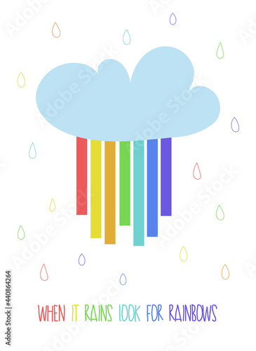 Colorful hand drawn cute card with cloud,  raindrops and rainbow. Scandinavian style childish weather illustration isolated on white in vector. Nursery poster print design idea.