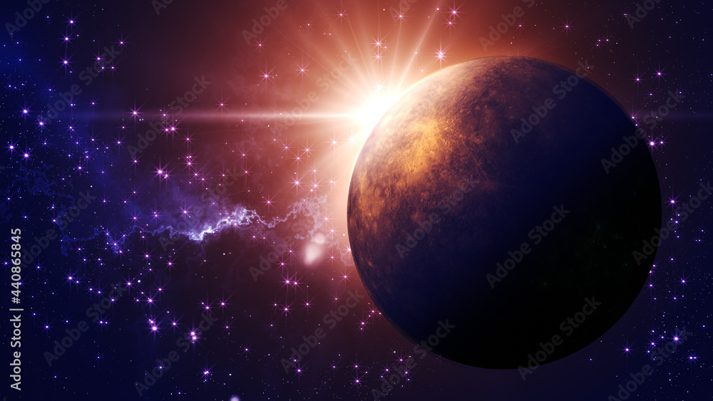 Sun Flare Light Over Mercury Planet On Golden Blue Shine Starry Heaven Outer Space With Nebula Cloud Background 3d Illustration