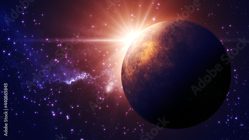 Fototapeta Naklejka Na Ścianę i Meble -  Sun Flare Light Over Mercury Planet On Golden Blue Shine Starry Heaven Outer Space With Nebula Cloud Background 3d Illustration