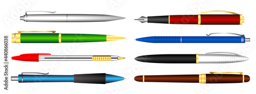 set of realistic pens isolated or various fountain pens and spring mechanical pens or office stationery collection and back to school concept. eps vector
