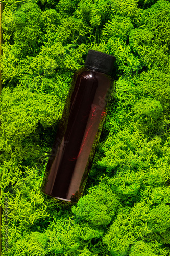 Brown glass bottle on green moss background in the morning rays of light. Eco cosmetic cream, serum for skin, face and body. Concept of skincare, spa and wellness center. Natural beauty products
