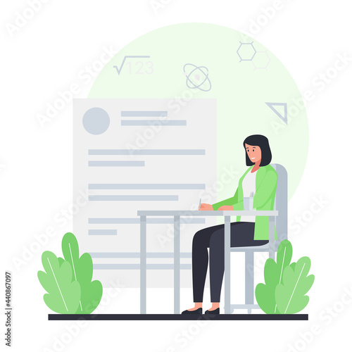 Woman sit and do the exam in the desk