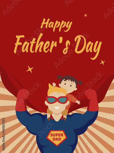 Father's day retro style illustration with radioactive background.  Litlle girl sat on the shoulders of his dad dressed as superman.