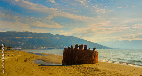 VLORA - VLORE, ALBANIA: Detail of the U8 submarine on the beach in Vlora. photo