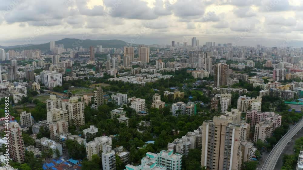 Aerial view of old buildings, in the Shimpoli area, in Mumbai, India - pan, drone shot Aerial view of old buildings, in the Shimpoli area, in Mumbai, India - pan, drone shot