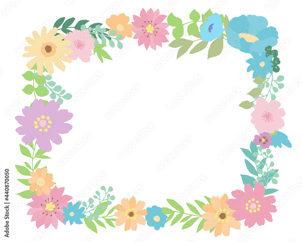 手描きタッチの花と草木テキストスペースのあるフラワーフレーム Flower frame with hand-painted touch flowers and vegetation text space