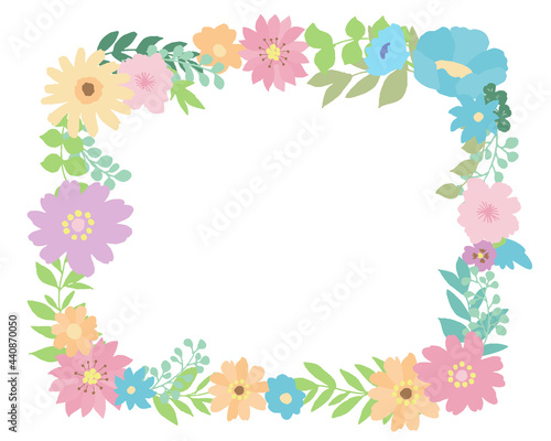 手描きタッチの花と草木テキストスペースのあるフラワーフレーム Flower frame with hand-painted touch flowers and vegetation text space