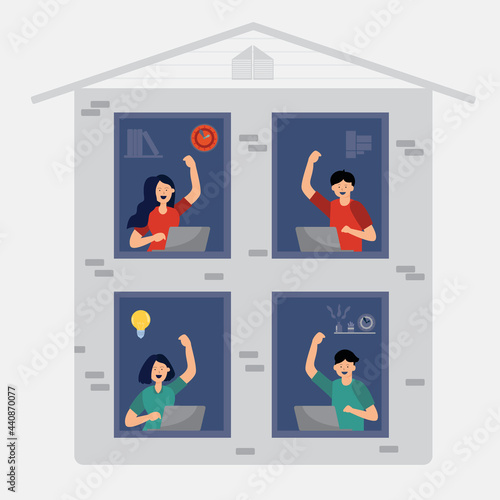 Flat illustration, people are having remote video conference in covid-19 situation. This makes them work at home without having to travel to the office to reduce the spread of infection.