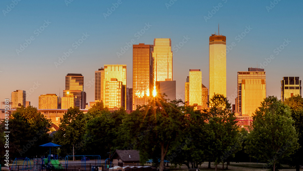 The skylines of downtown Minneapolis under golden hour