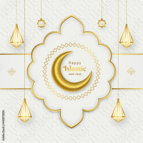 luxury white and gold Islamic new year background with hanging lanterns