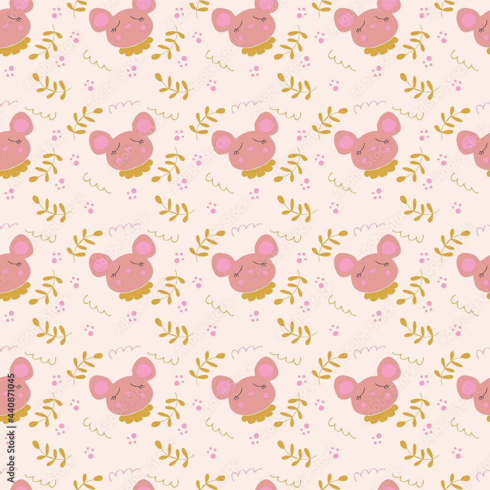 Seamless pattern of a cute sleeping mouse. Cartoon style. Hand drawn illustration. Design for T-shirt, textile and prints.