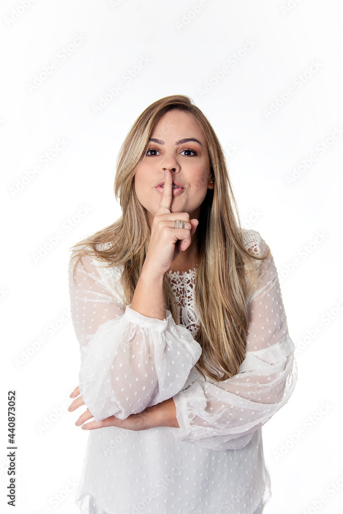 white background woman asking for silence white background woman asking for silence