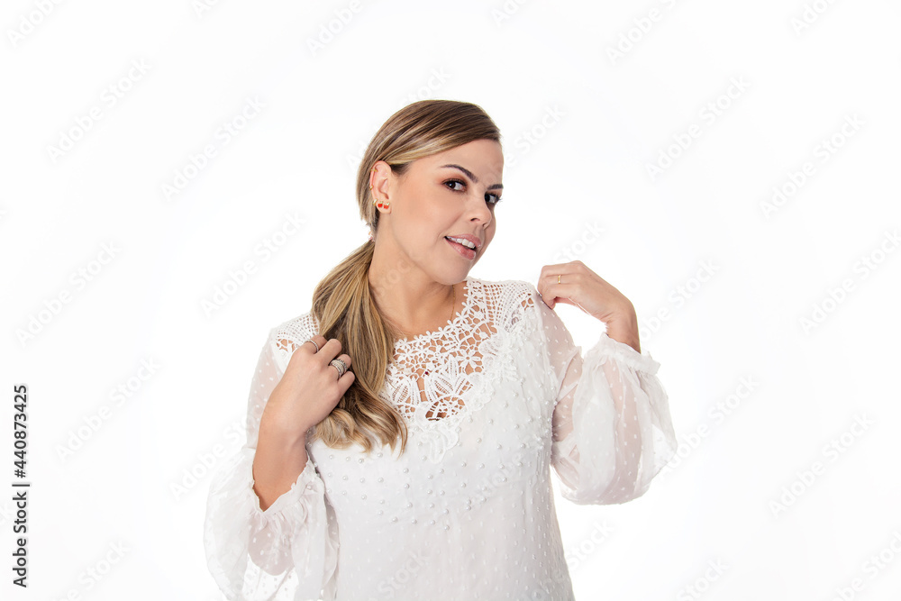 white background blonde woman hand on shoulder white background blonde woman hand on shoulder