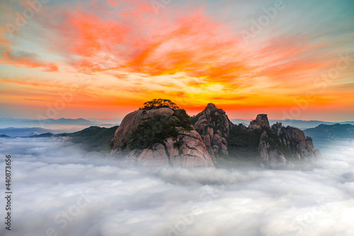 Dobongsan mountain in Seoul at Sunrise in the Morning with fog in Bukhansan National Park, South Korea