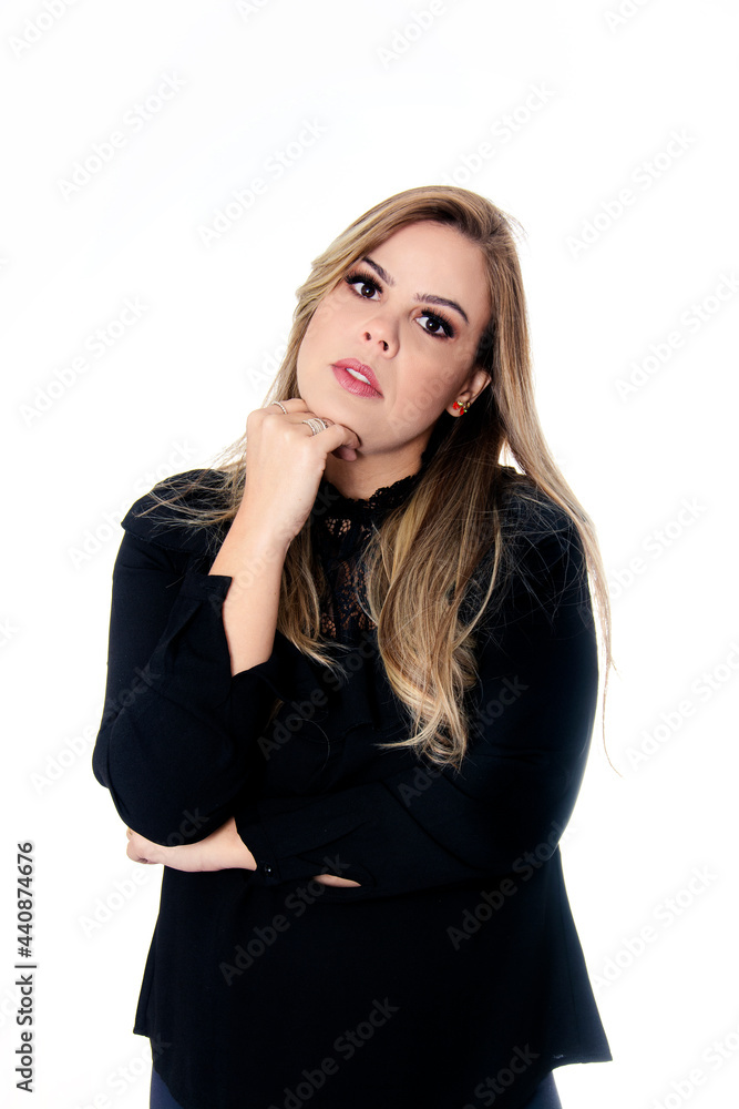 blonde woman wearing black outfit on white background with hando on chin