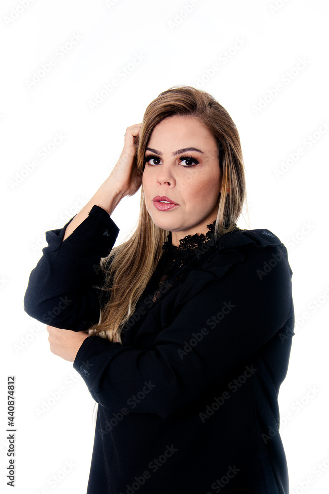 blonde woman wearing black outfit on white background blonde woman wearing black outfit on white background