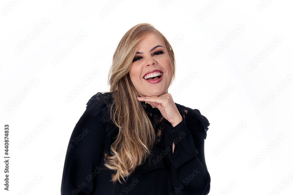 blonde woman wearing black outfit on white background blonde woman wearing black outfit on white background