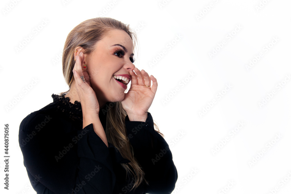 blonde woman telling secret wearing black outfit on white background blonde woman telling secret wearing black outfit on white background