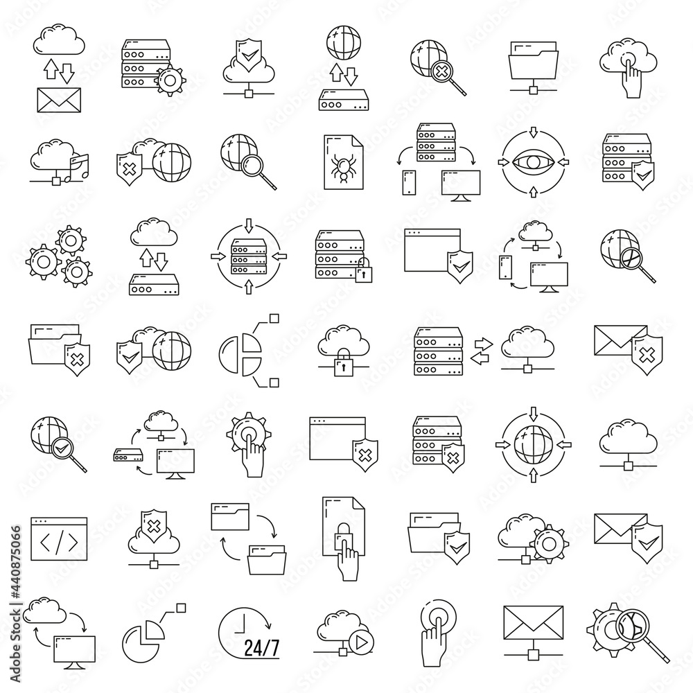Set of online database cloud computer technology icon, remote data storage, protect information outline flat vector illustration, isolated on white. Set of online database cloud computer technology icon, remote data storage, protect information outline flat vector illustration, isolated on white.