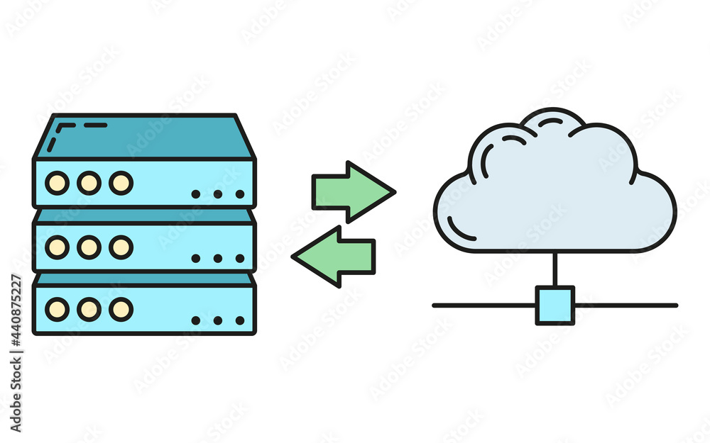 Data exchange cloud icon, protect remote info storage, database computer technology information outline flat vector illustration, isolated on white. Data exchange cloud icon, protect remote info storage, database computer technology information outline flat vector illustration, isolated on white.